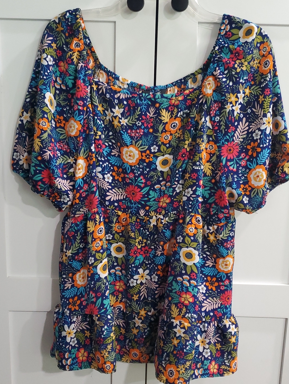 BloomChic Navy Floral Puff-Sleeve Peplum Blouse